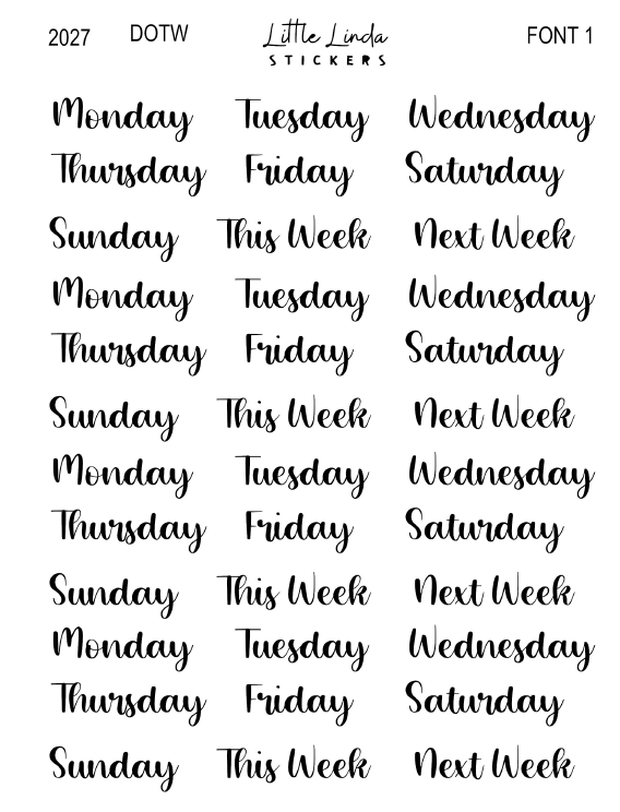 2027 | Days of the Week | The Basic Edit planner stickers, Font 1 / Small / Glossy