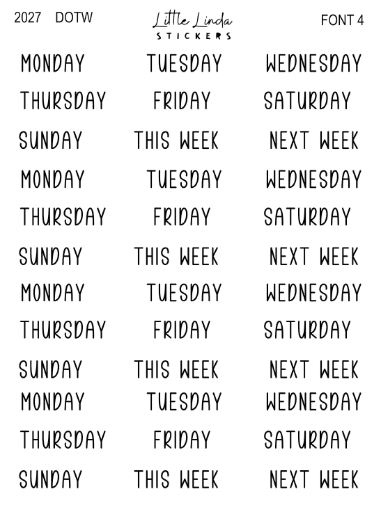2027 | Days of the Week | The Basic Edit planner stickers, Font 4 / Small / Glossy