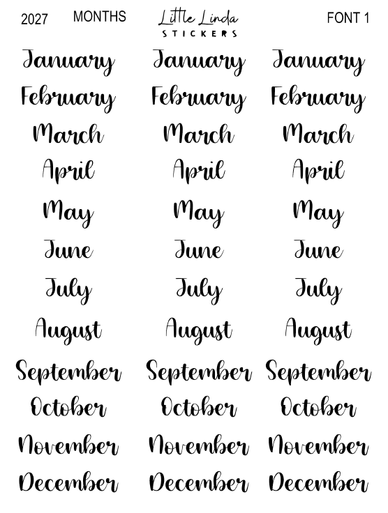 2027 | Months | The Basic Edit planner stickers, Small / Font 1 / Glossy