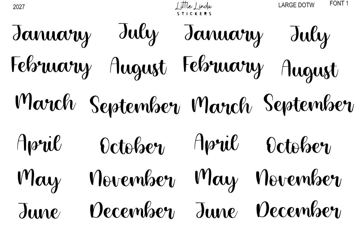 2027 | Months | The Basic Edit planner stickers, Large / Font 1 / Glossy