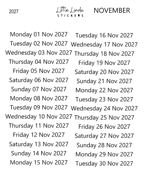 2027 | Daily Dates | The Basic Edit planner stickers, November / Glossy