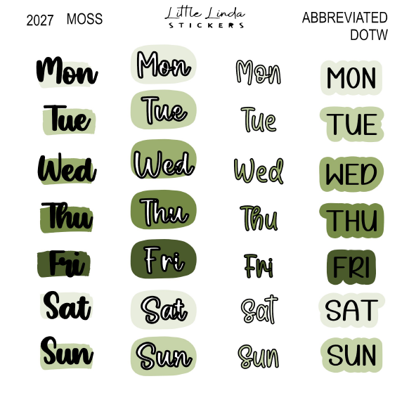 2027 | Abbreviated Days of the Week | The Basic Edit planner stickers, Moss / Glossy