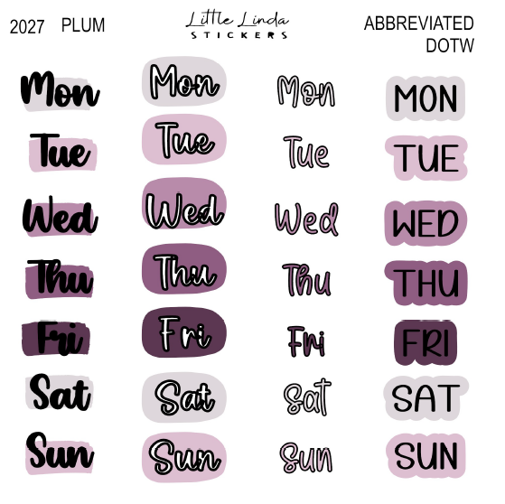 2027 | Abbreviated Days of the Week | The Basic Edit planner stickers, Plum / Glossy