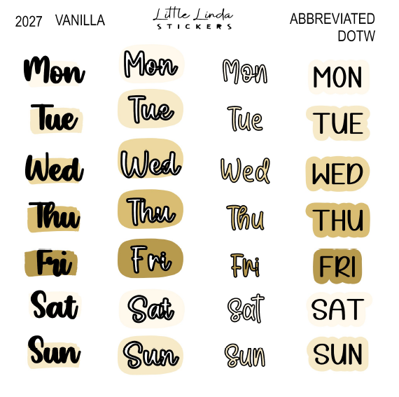 2027 | Abbreviated Days of the Week | The Basic Edit planner stickers, Vanilla / Glossy